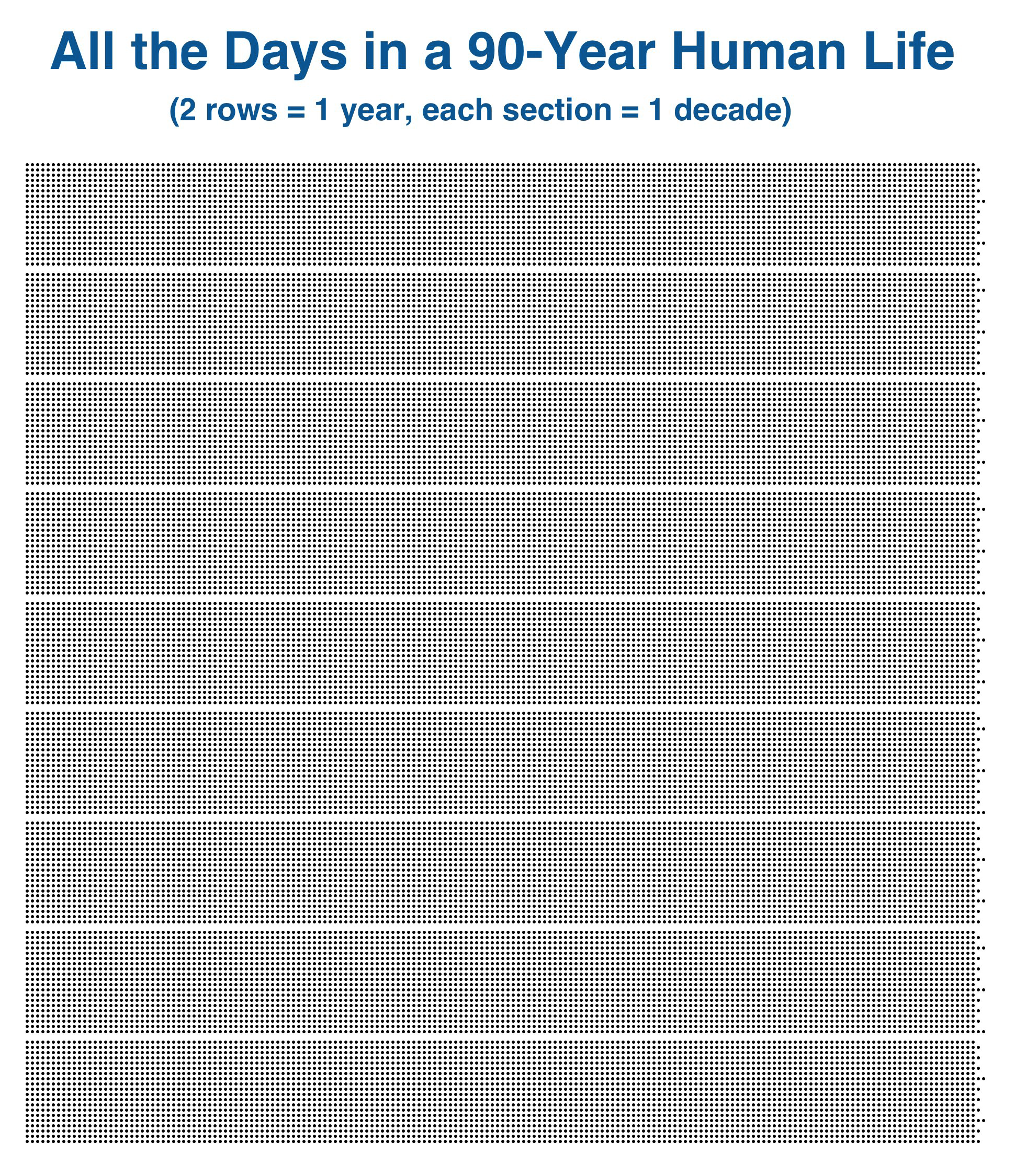 A grid showing every single day in a 90-year human life, two rows per year, each section a decade.